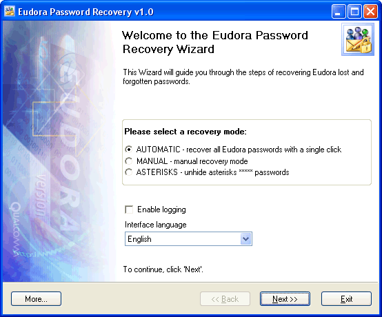 Eudora Password Recovery - начальный диалог программы