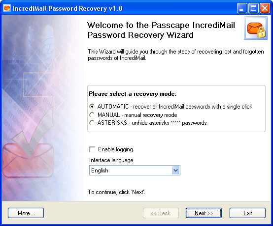 IncrediMail Password Recovery - главный диалог