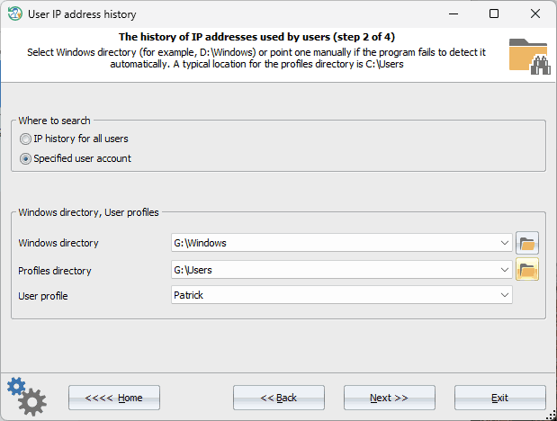 Setting user account to extract ip address history for