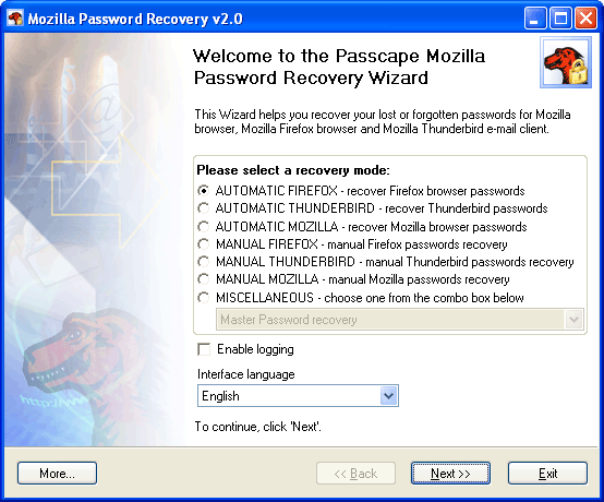 Mozilla Password Recovery - начальный диалог Мастера