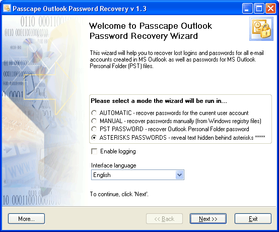 Click to view Passcape Outlook Password Recovery 2.7.0 screenshot