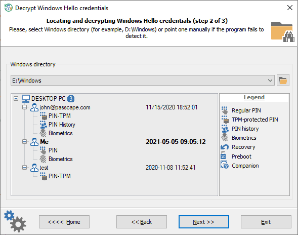 Windows Hello - выбор каталога Windows