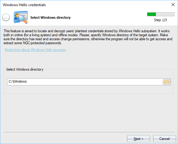 Windows Hello credentials - setting Windows directory