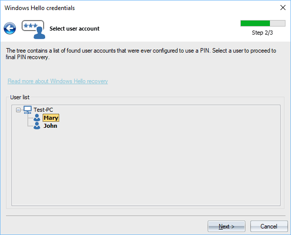 Windows Hello PIN - выбор учетной записи пользователя