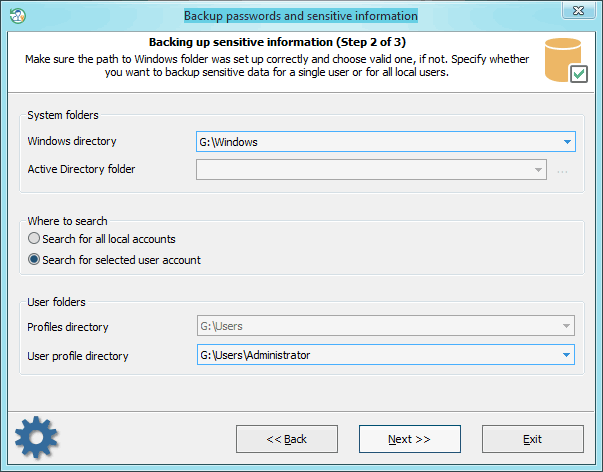 Back up passwords: setting additional options