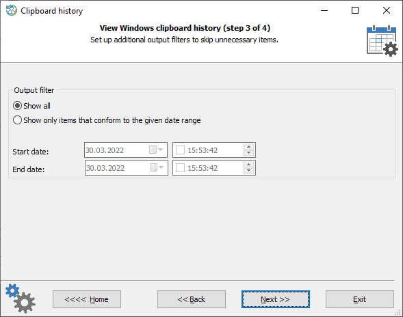 Setting clipboard history time filters