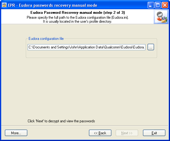 Eudora Password Recovery manual mode