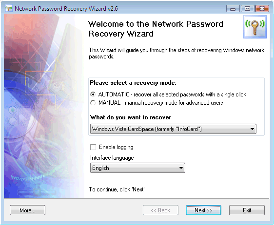 Network Password Recovery Wizard - выбор режима работы