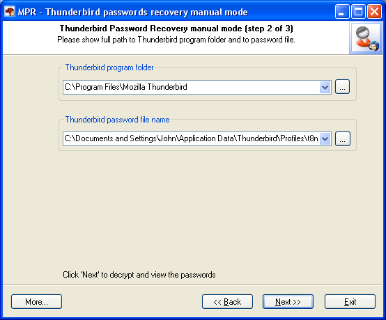 Mozilla Password Recovery - устновка опций восстановления в ручном режиме работы