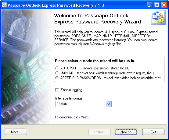 Outlook Express Password Recovery - выбор режима восстановления паролей