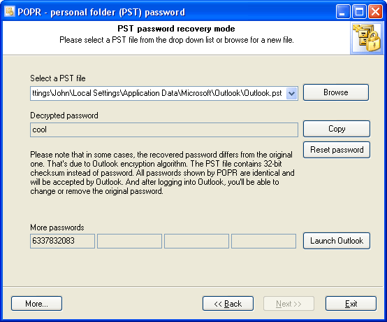 Personal Folder (*.pst) decrypted password