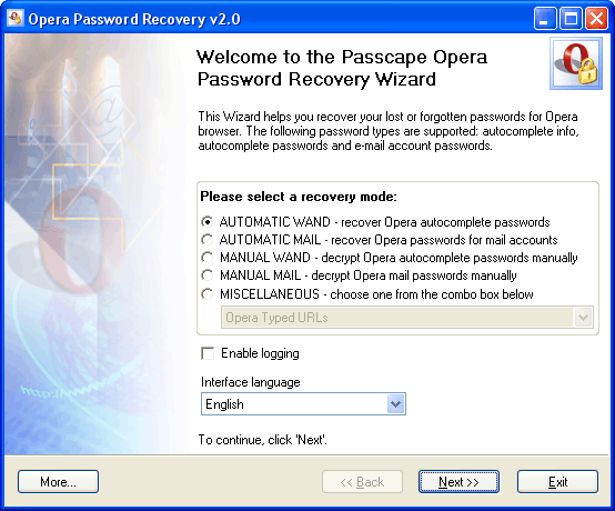 Opera Password Recovery - диалог выбора режима работы программы