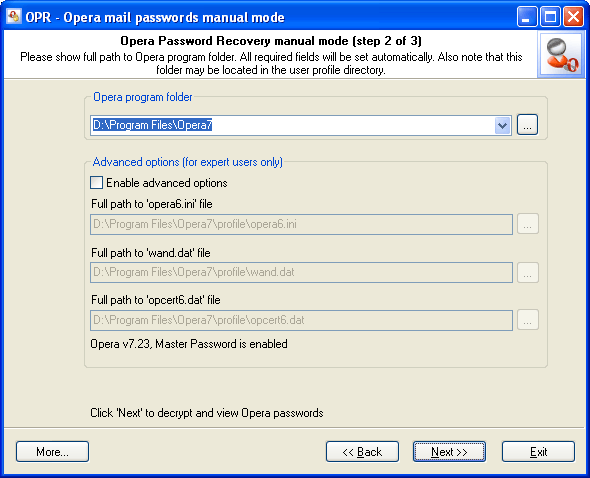Opera Password Recovery manual mode