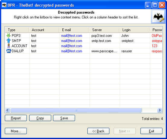 TheBat! Password Recovery - расшифрованные пароли