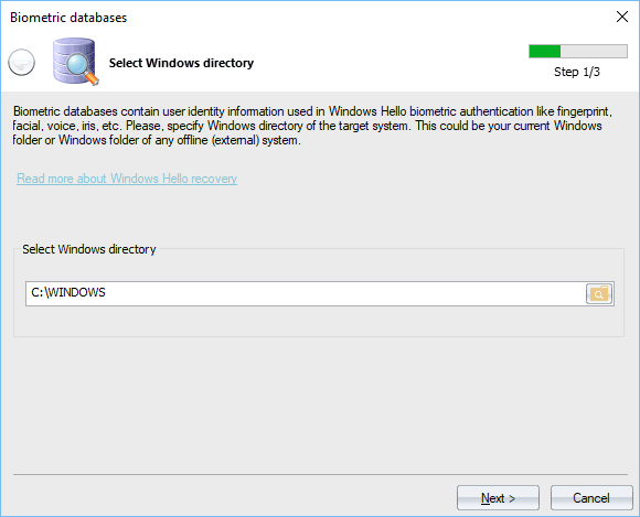 Windows Hello biometric databases - setting Windows directory