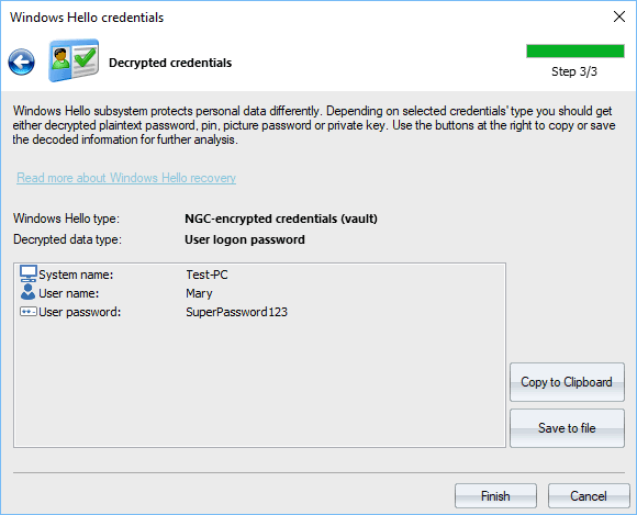 Пароли Windows Hello - расшифрованный пароль пользователся
