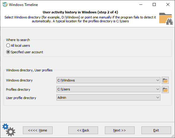 Selecting Windows timeline user account