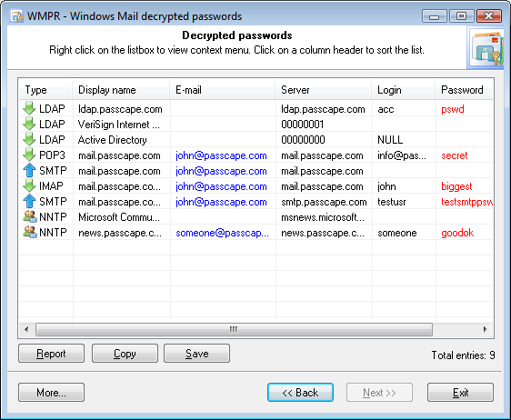 Windows Mail Password Recovery - decrypted passwords